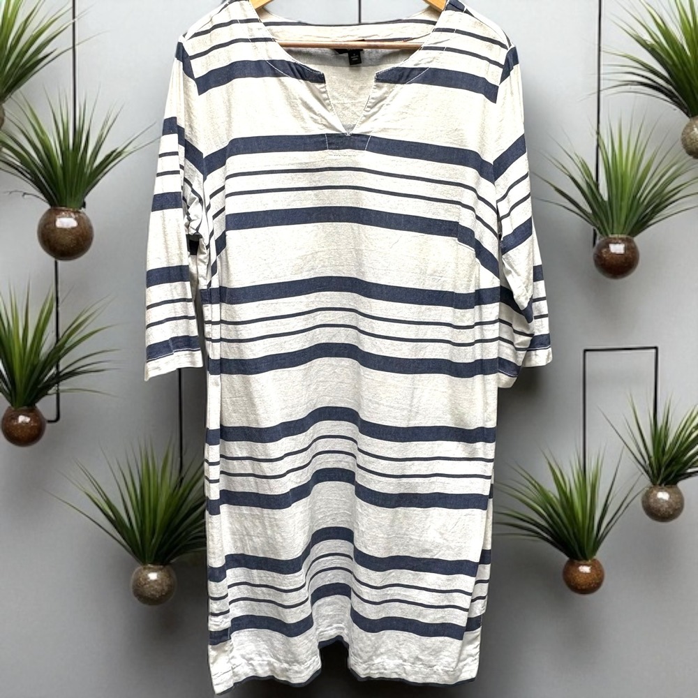 Ellos Linen Blend Striped Tunic‎ Dress V Neck 3/4 Sleeve